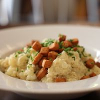 Traditional Slovak Dish, Halusky  at Refresh Restaurant - Re Fresh in Bratislava