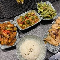 Mapo tofu dumplings, popcorn aubergine, cucumber salad and firecracker edamame   at Yibu  in Dublin