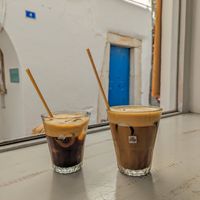 Freddo espresso and freddo cappuccino with almond milk at Mikro Cafe in Paros