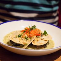 Vegan ravioli in a creamy nut sauce with mushroom accents. We *loved* it. at Flax & Kale - Placa Castella in Barcelona