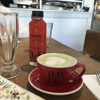 Matcha latte and kombucha  at Flax & Kale - Placa Castella in Barcelona