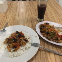 Sweet n sour veg with soy meat, rice, and iced chocolate at Ahimsa Vegan Lounge in Surabaya