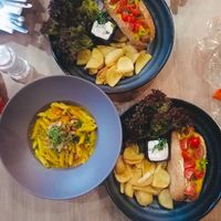 Vegetable Hot Dogs and Pumpkin pasta   at Green Pumpkin in Riga