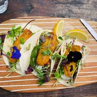 Banana blossom fish taco and edible blooms  at The Shroom Room in Christchurch