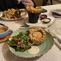 Vegan harvest, soy flat white, mushroom pie, fries   at The Shroom Room in Christchurch