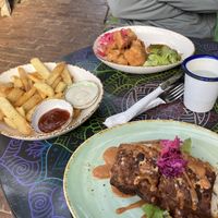 Fries, popcorn tofu and chimichanga  at The Shroom Room in Christchurch
