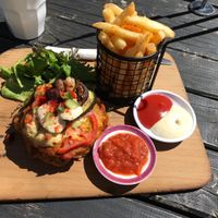 Vegan corn fritters with fries and aioli  at The Shroom Room in Christchurch