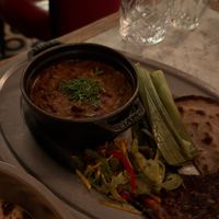 Vegan bean dish with naan  at Cafe Stamba in Tbilisi