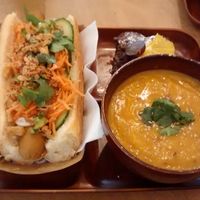 Asian Hot-dog, soup and brownie (all vegan) at Le Tricycle in Paris