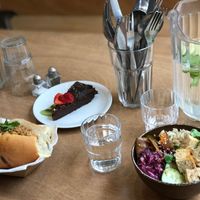 bowl n dog n choc cake at Le Tricycle in Paris