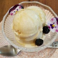 vanilla ice cream with edible flowers at Cafe Sora in Jogasaki