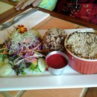 Roots and spinach gratin, whole grain rice and salad. at Org Bistro in Rio De Janeiro