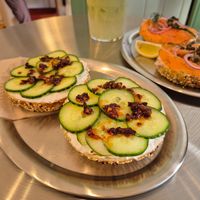 Vegan Spicy Cucumber Bagel, Graved Salmon Bagel and Matcha Drink at EVERYTHING bagels & coffee in Berlin