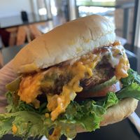 Beans and Greens Burger w/ vegan cheddar and jalapeños.  at BBQ4Life in Boise