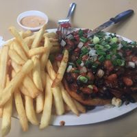 Deep fried bean chili burger w/fries at BBQ4Life in Boise