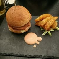 Vegan 'ham and cheese' burger with wedges at Veggie Macau in Macau