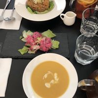 Sweet potato + quinoa salad, beet + potato salad, and the daily soup (vegan) at Veggie Macau in Macau