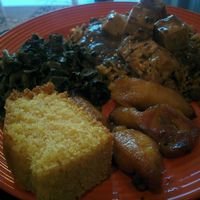 Tuesday's special, tofu over beans & rice, collards, plantains & cornbread. Delicious! at Soul Vegetarian in Tallahassee