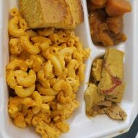 Curry Tofu, Mac, Yams Platter to-go at Soul Vegetarian in Tallahassee
