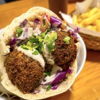 Falafel sandwich and fries  at Falafel Nessya in Playa Del Carmen