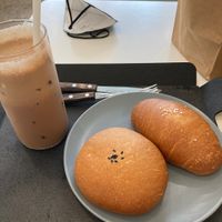 Chocolate latte with red bean bun and salt croissant  at The Bread Blue - Nogosan in Seoul