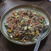 Stir fry brown rice w/beans,vegetables,nuts and sauce at Akasha Home Restaurant in Koh Phangan