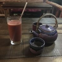Goji berry,wheat grass,strawberry juice at Akasha Home Restaurant in Koh Phangan