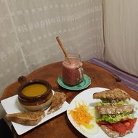 Soup and vegan sandwich with amazing juice. Does life get any better? at Shambhala Cafe in San Marcos La Laguna