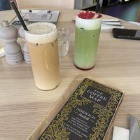 Vanilla iced oat latte & iced oat raspberry matcha  at The Lions' Den City Cafe in Norwich