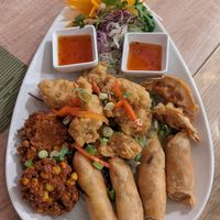 Vegetable spring rolls, vegetable gyoza, tofu tod - starter from vegetarian/vegan set menu (8/10) at Sangthai Restaurant in York