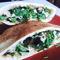 Betengan sandwich- eggplant with salad and tahini sauce  at Maha's Fine Egyptian Cuisine in Toronto