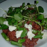 'English Garden in Spring' - Beetroot Risotto with asparagus and cream cheese, lemon and herbs at Painted Elephant in Newcastle Upon Tyne