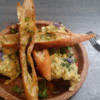 Lentils and Aubergine Meatballs Creamy fennel and Dill sauce/garlic crostinni/pomegranate salad.  at Coca Sova in Dublin