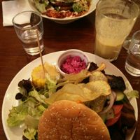Beet burger and potato & cauliflower pancakes with smoked tofu at Coca Sova in Dublin