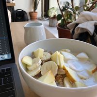 Lots of plants and oat milk granola—perfect for vegans!:)  at Mamacoffee in Prague