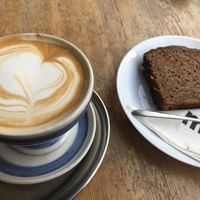 Latte and banana bread at Mamacoffee in Prague