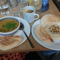 Soup of the day, hummus and pita at Mamacoffee in Prague