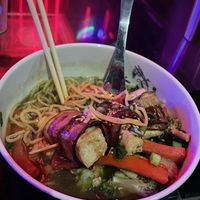 Vegan Ramen with additional tofu wrapped in smoky eggplantt  at Underbelly in San Diego