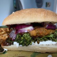 Veggie burger with broccolini on ciabatta! 👩🏼‍🍳  at The Purple Carrot in Needham Heights