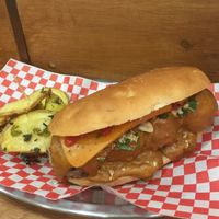 meatball sub with vegan cheese + chips  at Bolero Meatball in Madrid