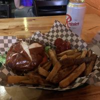 BBQ burger and fries (with a Rainier tall boy) at Le Voyeur in Olympia