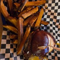 Chili burger and garlic fries! at Le Voyeur in Olympia