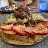 Yum!!! Oat waffles  and pancakes 🧇 can be made vegan with egg substitute    at La Cuisine in Cozumel