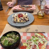 Almendra toast, vegan pancakes, hummus toast w side saladd  at La Cuisine in Cozumel