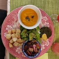 Piatto unico: vellutata di zucca, fricandó di verdure, sedanorapa, insalatina e Burger di spinaci e lenticchie at Cucinot in Imola