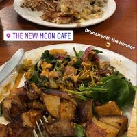 Vegan Delight with homefries and tempeh (near) & Vegan Biscuits and Gravy with Hashbrowns (far) at New Moon Cooperative Cafe in Olympia