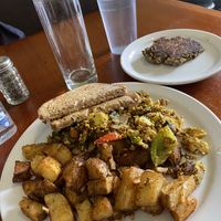 Tofu scramble and homemade sausage   at New Moon Cooperative Cafe in Olympia