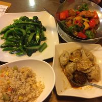 Dumplings, monkey head mushroom dish, seasonal green vegetable and rice dish at Veggie Family 素食一家 in Kowloon