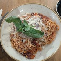 Spaghetti with vegan cheese at Lucy Blu in Greyton