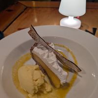 Caribbean Dream (vegan mango pie, passion fruit sorbet, crispy banana/plantain) at Yemanja Woodfired Grill in Oranjestad